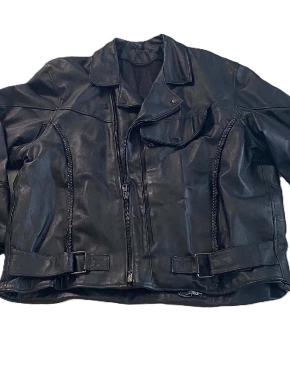 Vtg Mens Black Heavy Leather Motorcycle Jacket Braided Trim Side Buckles Size 52